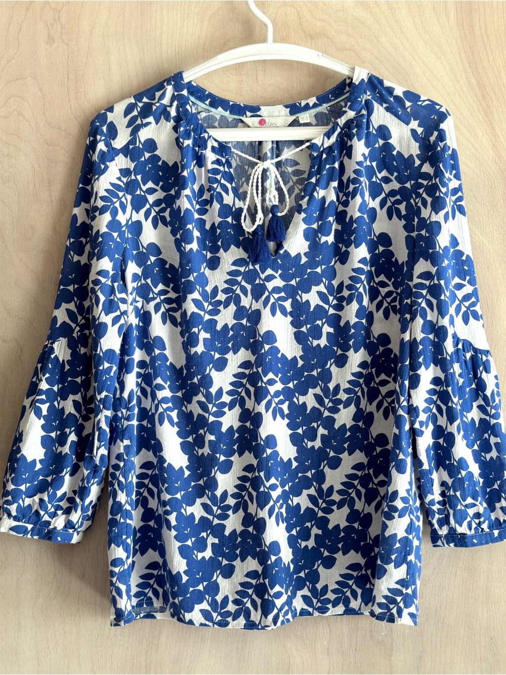 Boden Floral Cotton Tassel Tie Blouse Boho Top Womens US 4 Delphinium Blue White